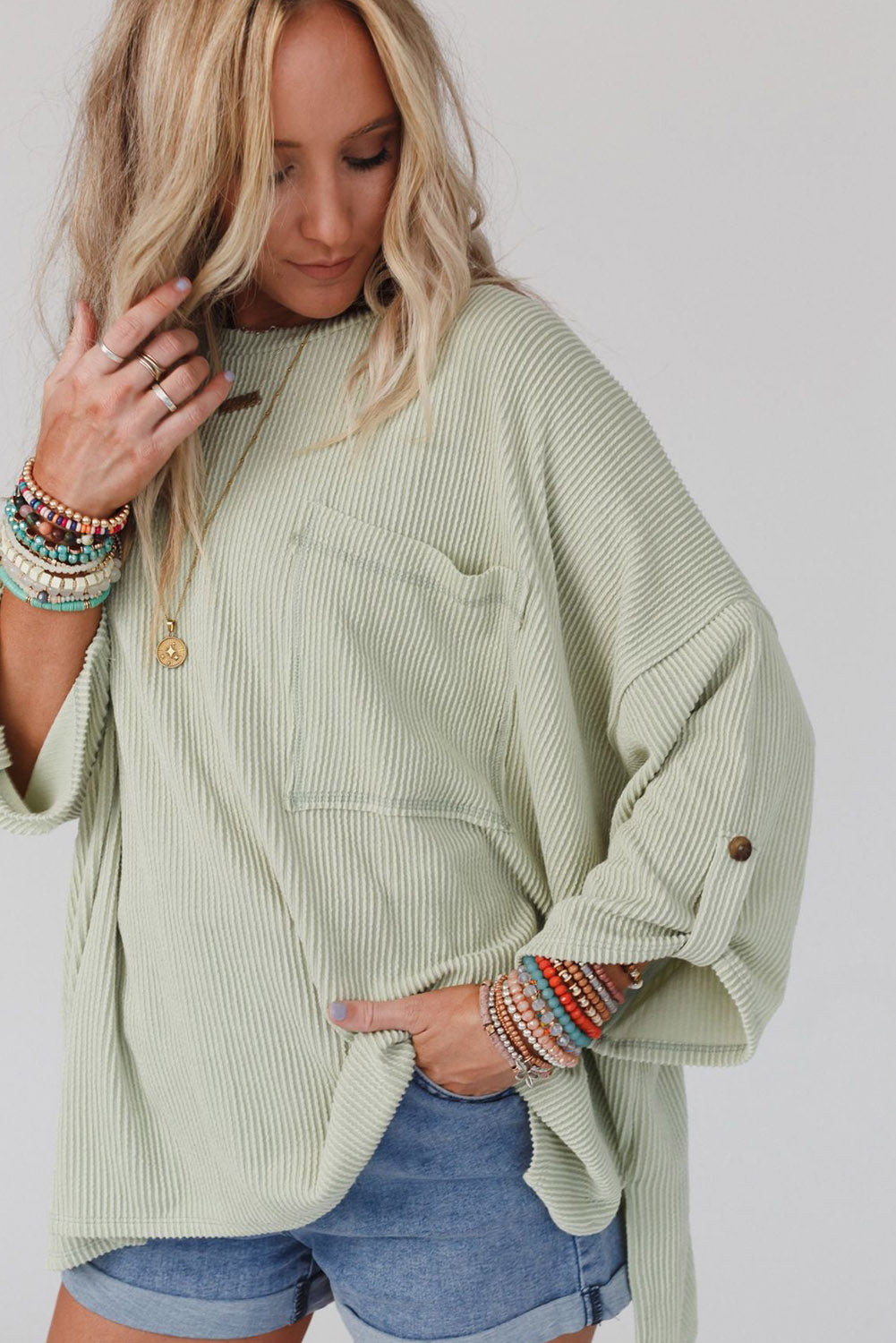 Green Ribbed Roll-tab Sleeve Chest Pocket Oversize Top Tops & Tees JT's Designer Fashion