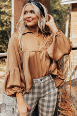 Brown Puff Sleeve Collared Pleated Babydoll Blouse Blouses & Shirts JT's Designer Fashion