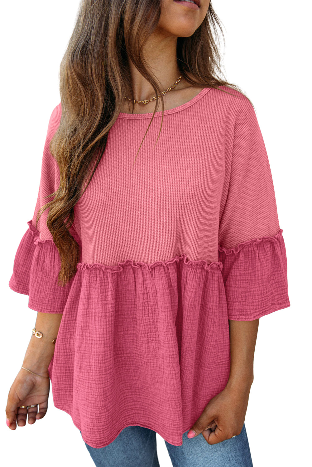 Pink 3/4 Ruffled Sleeve Textured Peplum Top Tops & Tees JT's Designer Fashion