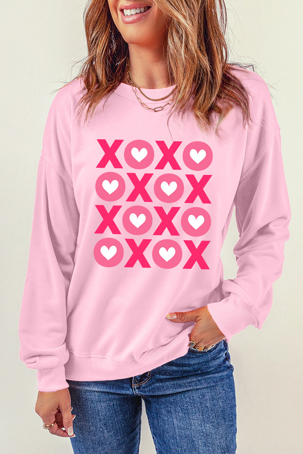 Pink XOXO Heart Print O Neck Drop Shoulder Sweatshirt Graphic Sweatshirts JT's Designer Fashion