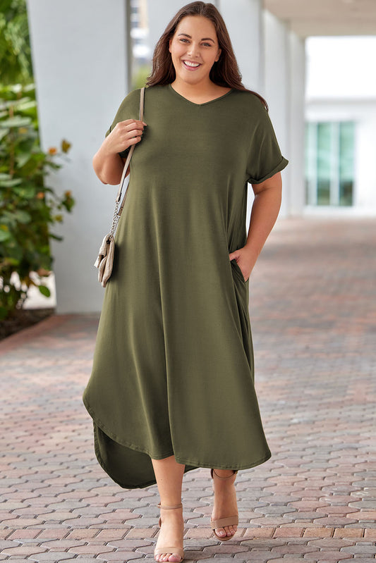 Green Plus Size V Neck Rolled Cuffs Maxi Dress Plus Size Dresses JT's Designer Fashion