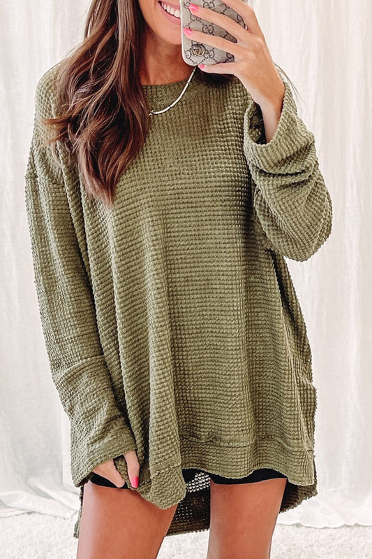 Green Waffle Knit High Slits Oversized Top Tops & Tees JT's Designer Fashion