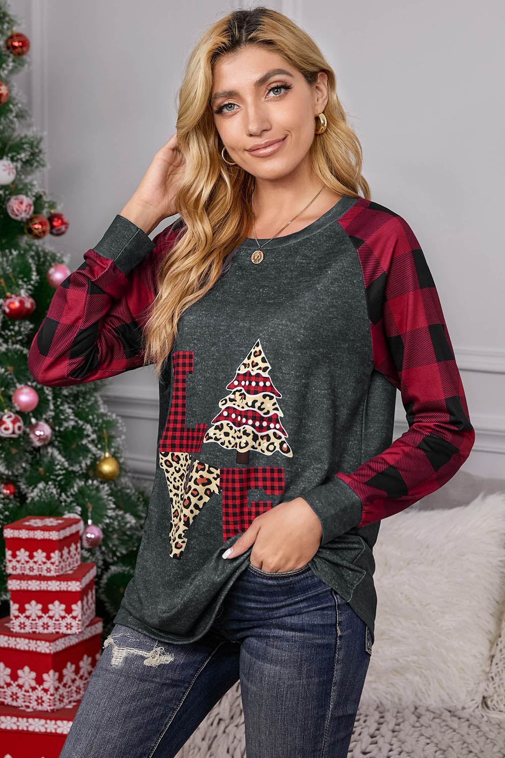 Red Plaid Christmas Print Long Sleeve Top Long Sleeve Tops JT's Designer Fashion