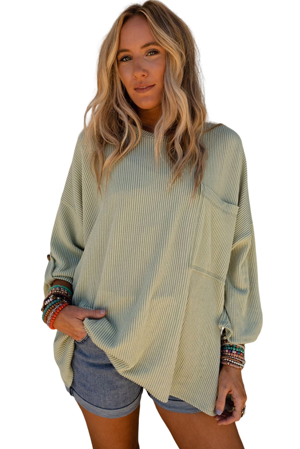 Green Ribbed Roll-tab Sleeve Chest Pocket Oversize Top Tops & Tees JT's Designer Fashion