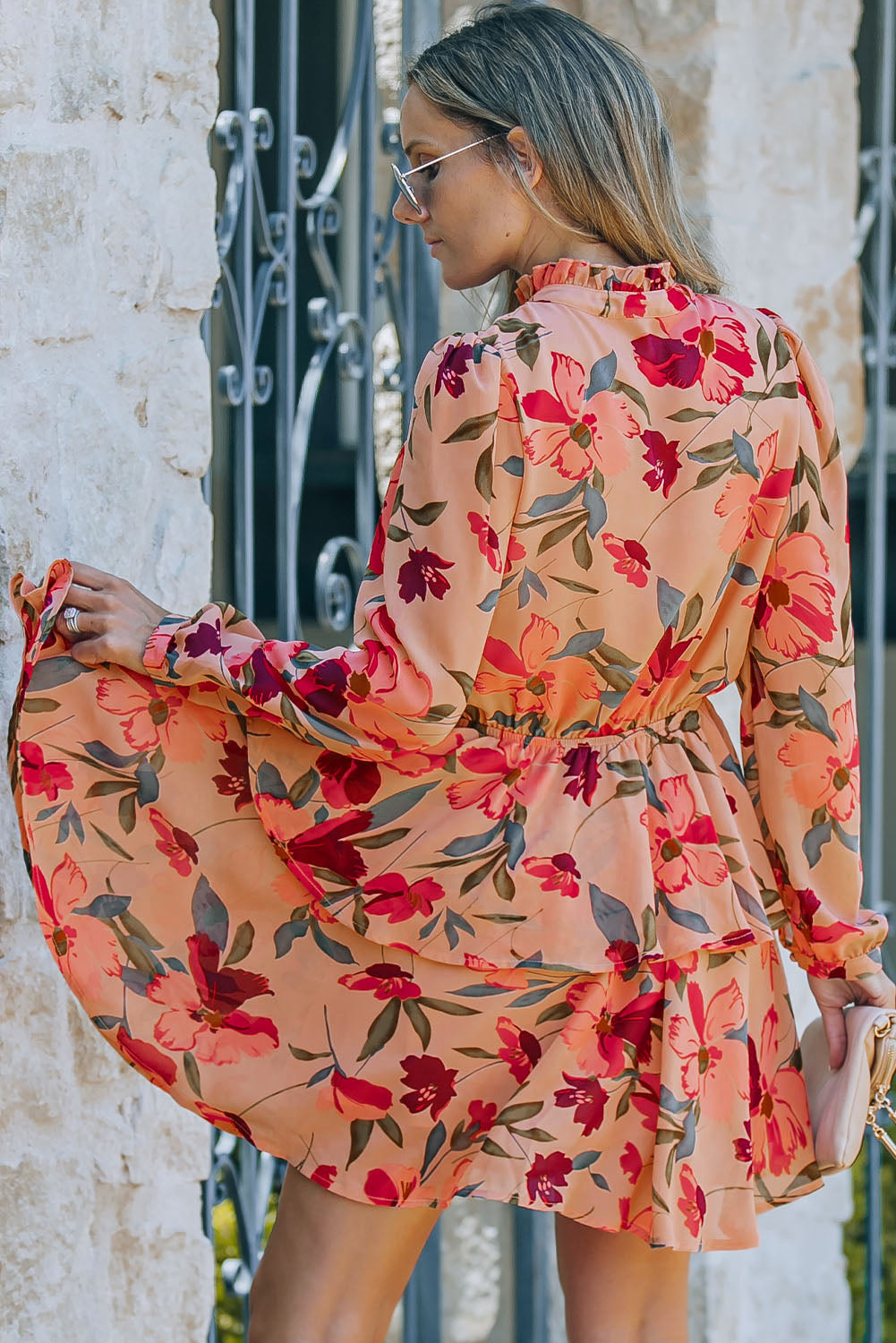 Fiery Red Frilled Collar Long Sleeve Floral Dress with Ruffle Floral Dresses JT's Designer Fashion