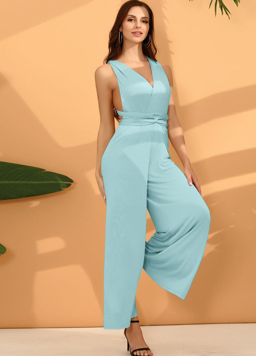 Fashion Solid Color Multi-wear French Wide-leg Pants Light Blue Jumpsuits & Rompers JT's Designer Fashion