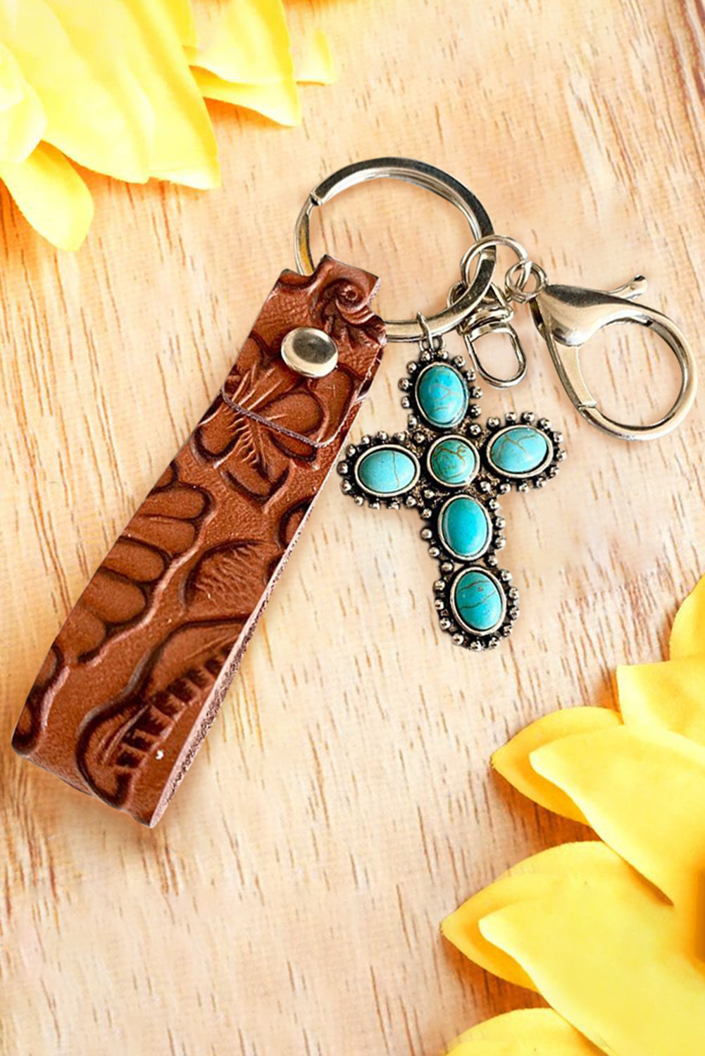 Brown Vintage Embossed Turquoise Leather Key Chain Other Accessories JT's Designer Fashion