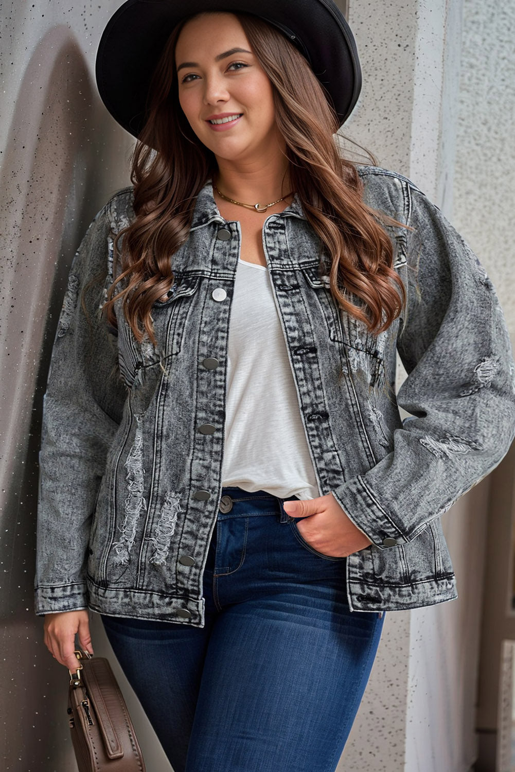 Dark Grey Plus Size Retro Acid Wash Distressed Denim Jacket Plus Size JT's Designer Fashion