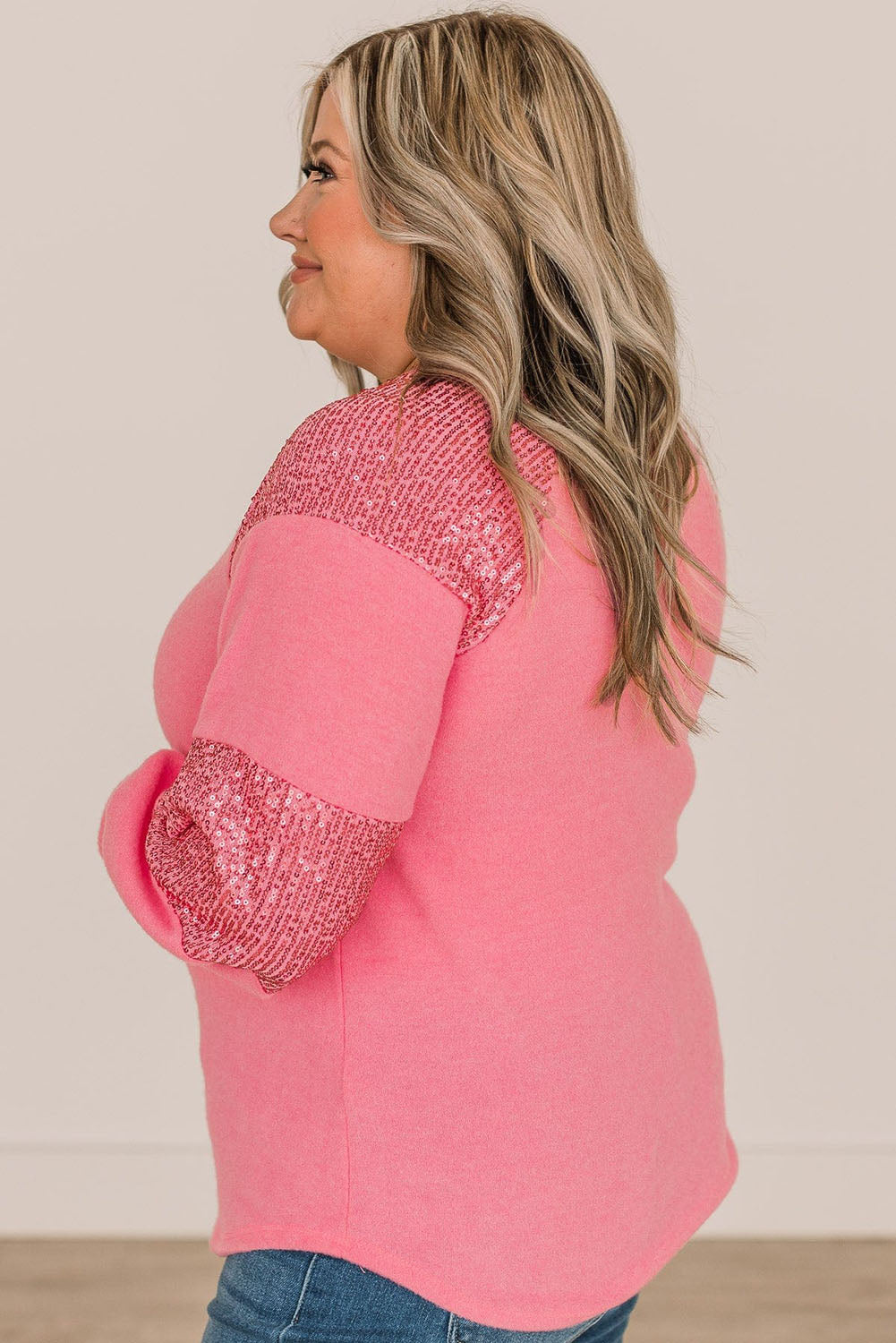 Pink Plus Size Sequin Patchwork Top Plus Size JT's Designer Fashion