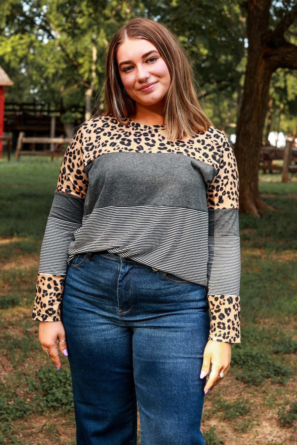 Leopard Plus Size Cow/Leopard Stripes Patchwork Long Sleeve Tee Plus Size JT's Designer Fashion