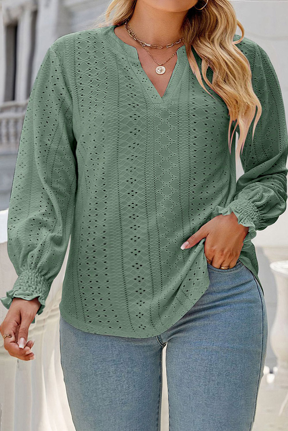 Green Eyelet Embroidered Split Neck Flounce Sleeve Curvy Top Plus Size JT's Designer Fashion