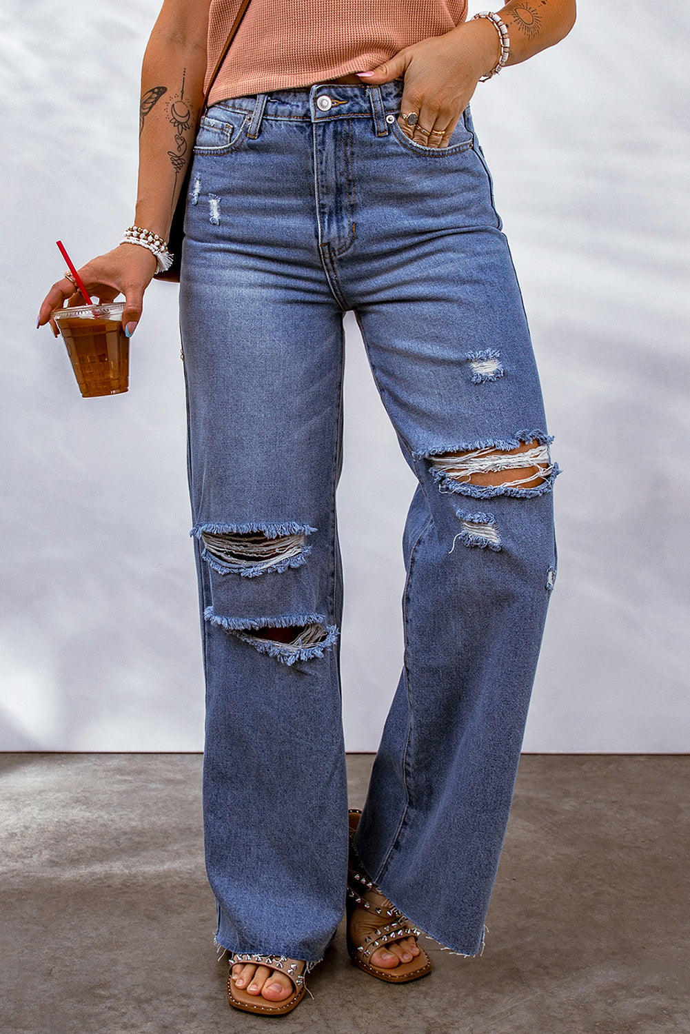 Blue Distressed High Waist Straight Leg Jeans Jeans JT's Designer Fashion