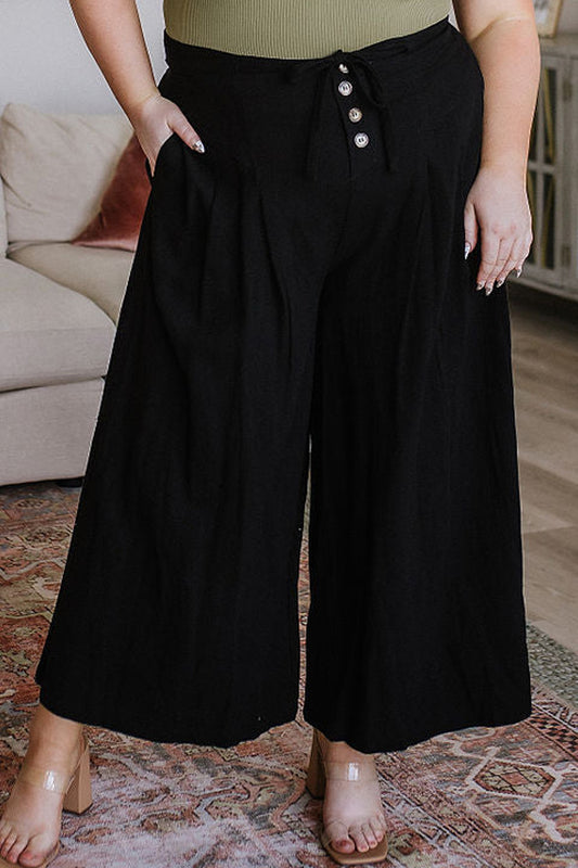 Black Buttoned Lace-up Waist Wide Leg Plus Size Pants Plus Size JT's Designer Fashion