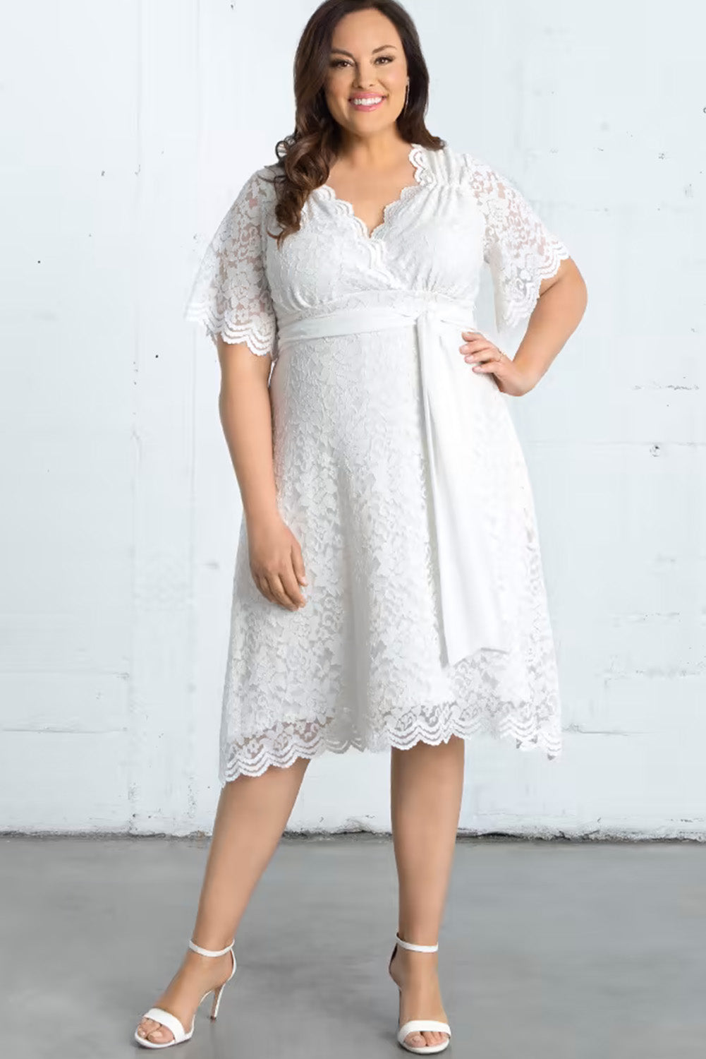 White Scalloped Lace Wrap V Neck Plus Size Dress Plus Size JT's Designer Fashion