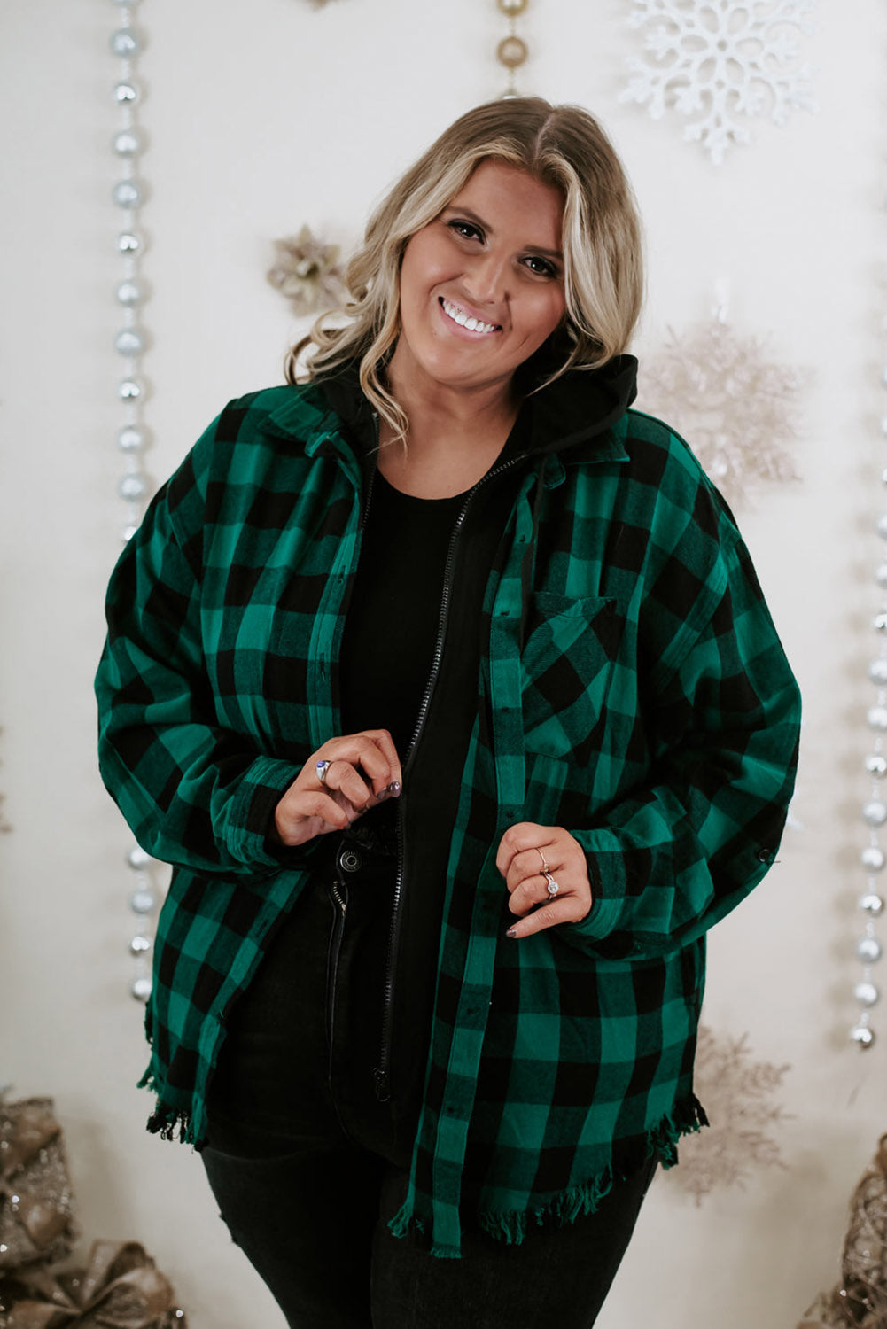 Blackish Green Plus Size Plaid Hooded Distressed Zip-Up Jacket Plus Size JT's Designer Fashion