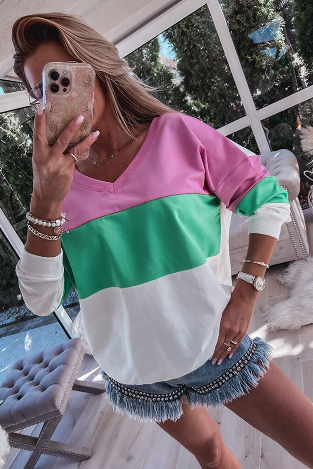 Pink Ribbed V Neck Color Block Patchwork Sweatshirt Tops & Tees JT's Designer Fashion