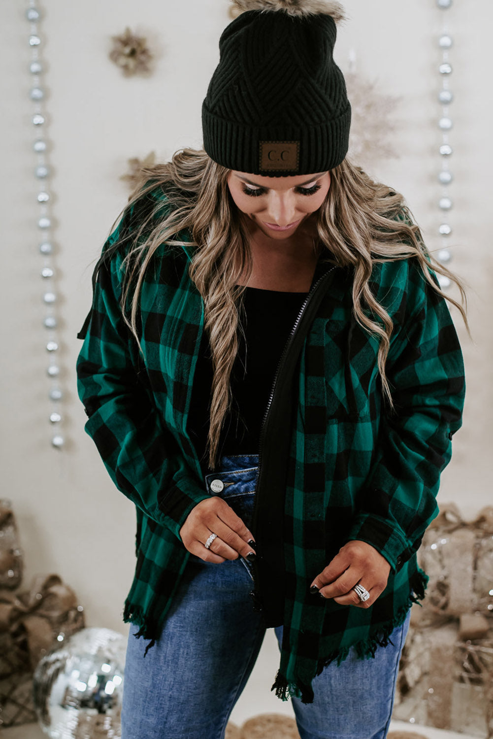 Blackish Green Plus Size Plaid Hooded Distressed Zip-Up Jacket Plus Size JT's Designer Fashion