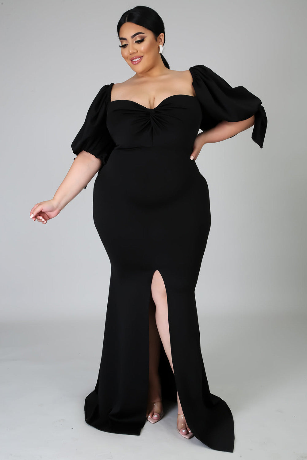 Black Bow Tie Puff Sleeve Plus Size High Slit Maxi Dress Plus Size Dresses JT's Designer Fashion