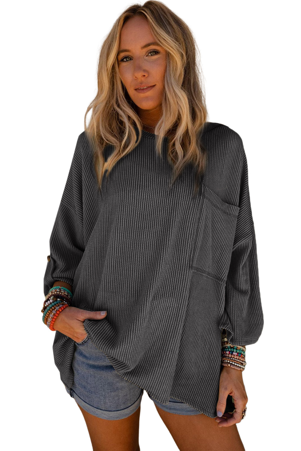 Dark Gray Ribbed Roll-tab Sleeve Chest Pocket Oversize Top Long Sleeve Tops JT's Designer Fashion