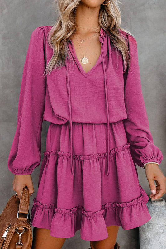 Rose V Neck Long Sleeve Ruffle Tiered Mini Dress Mini Dresses JT's Designer Fashion