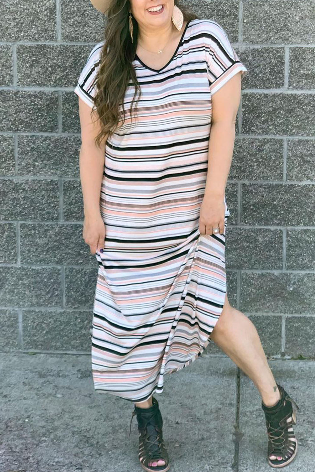 White Striped Print V Neck Side Split Plus Size Dress White 90%Polyester+10%Elastane Plus Size Dresses JT's Designer Fashion