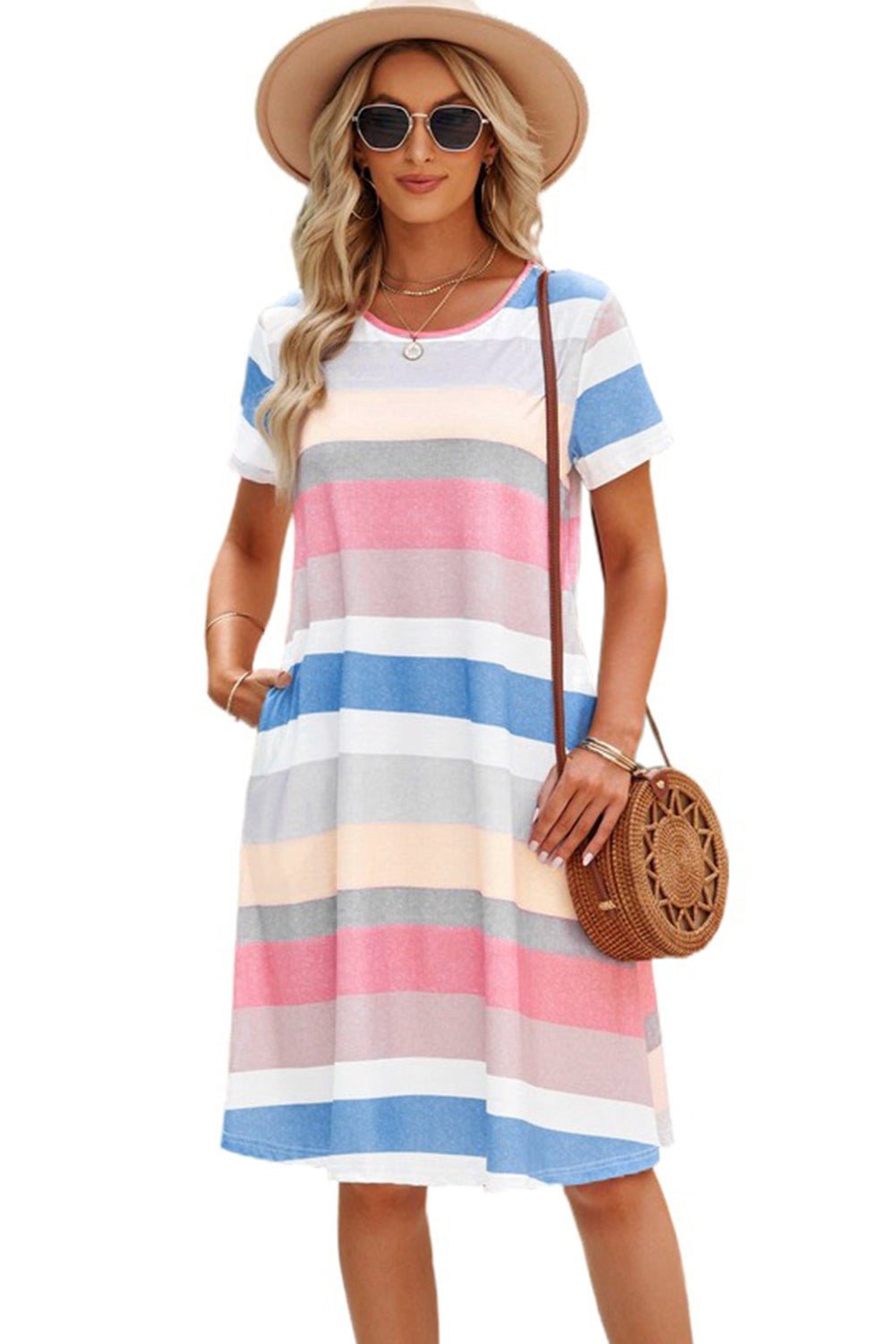 Multicolor Striped Pocket T Shirt Dress T Shirt Dresses JT's Designer Fashion