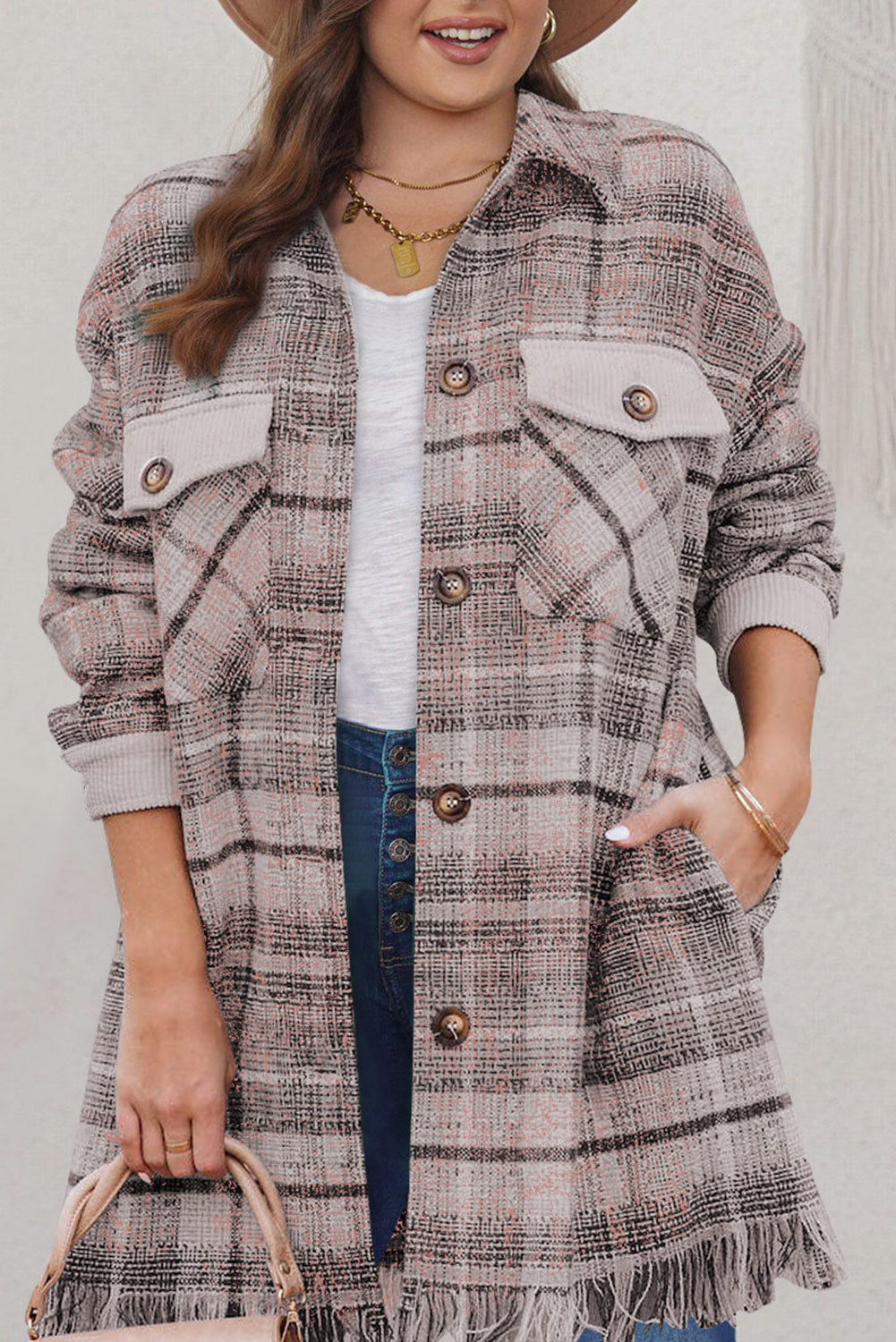 Pink Plus Size Plaid Tassel Hem Coat Plus Size JT's Designer Fashion