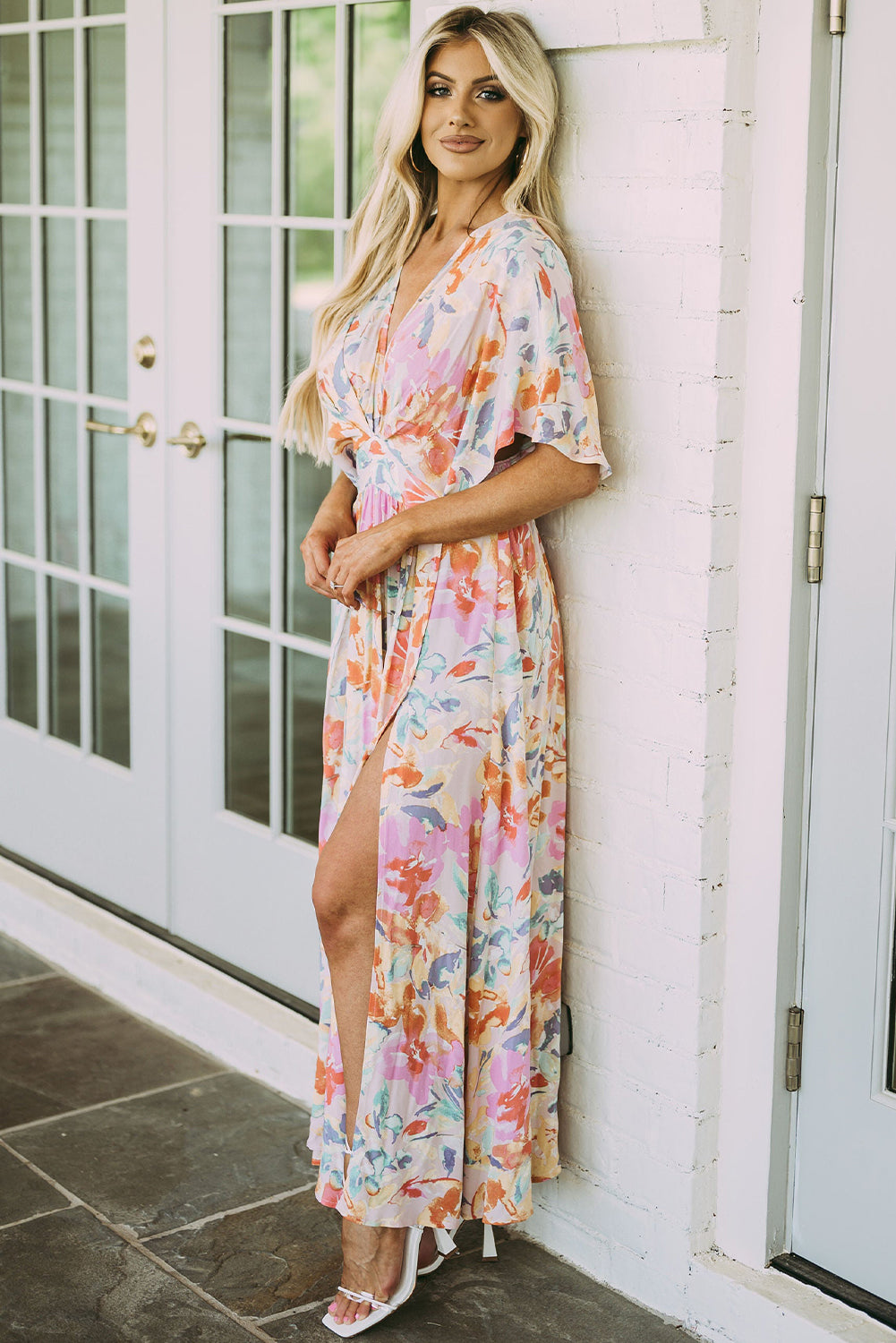 Multicolor Tropical Floral Print Ruched V Neck Maxi Dress Floral Dresses JT's Designer Fashion