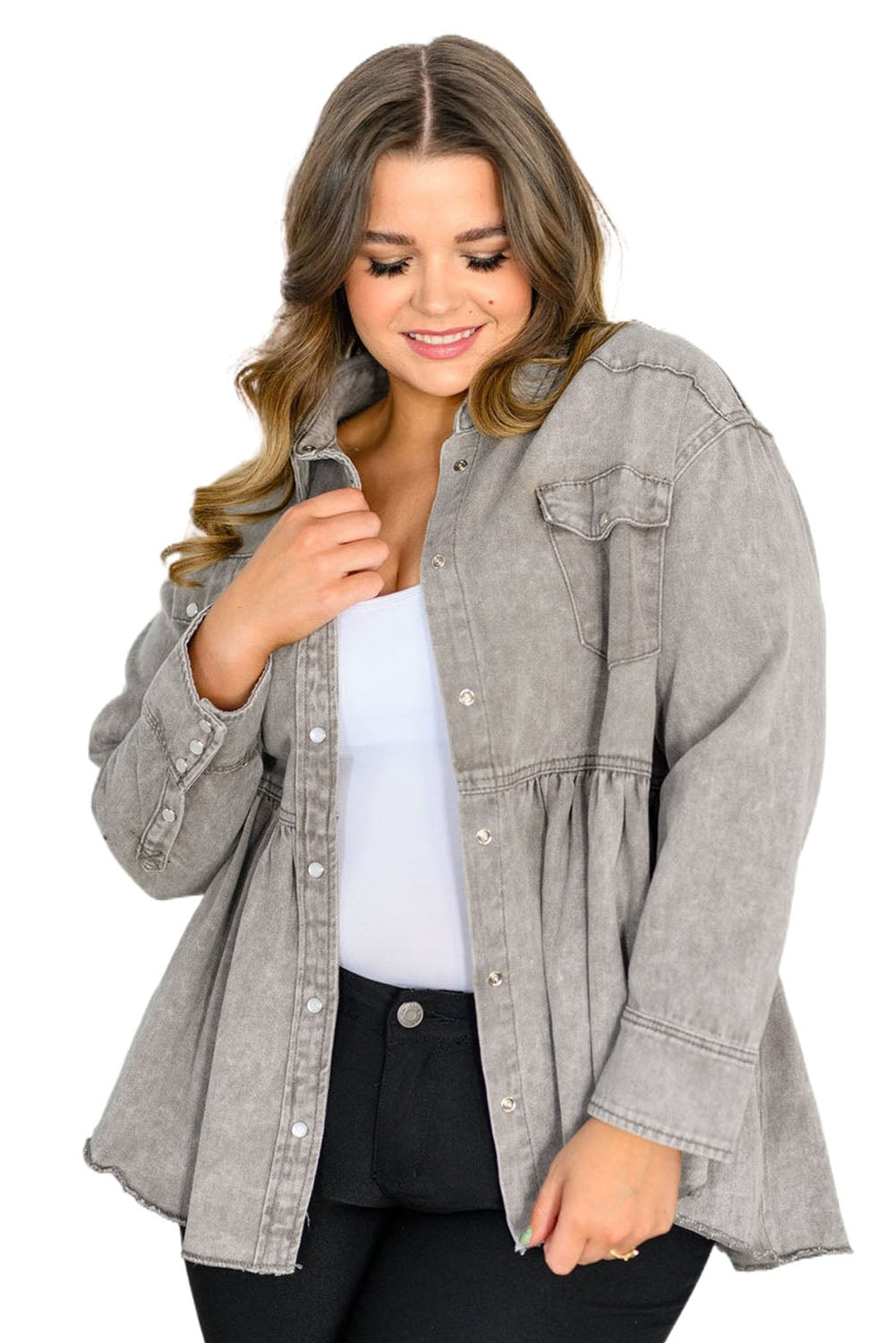 Gray Acid Wash Buttoned Ruffled Plus Size Denim Shacket Plus Size JT's Designer Fashion