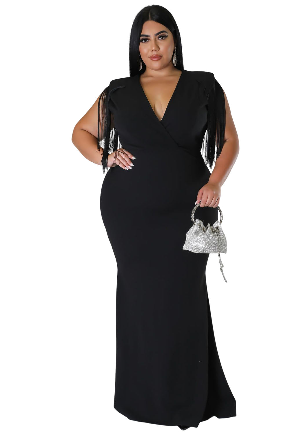 Black Plus Size Surplice V Neck Fringe Formal Maxi Dress Plus Size Dresses JT's Designer Fashion