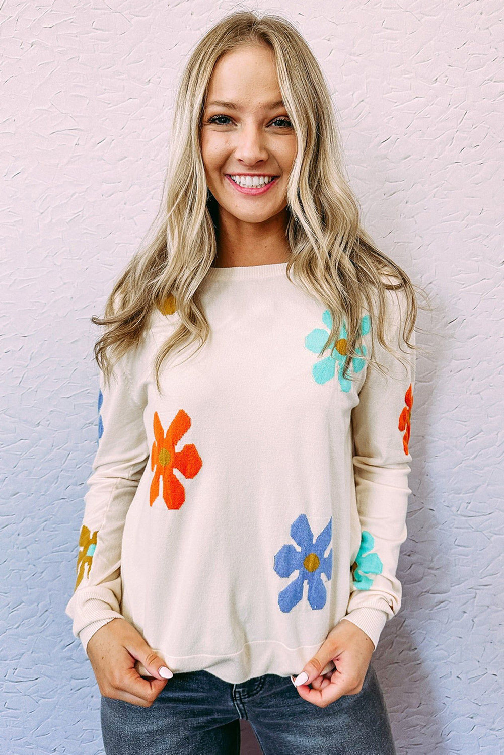 White Sweet Floral Pullover Sweater Pre Order Sweaters & Cardigans JT's Designer Fashion