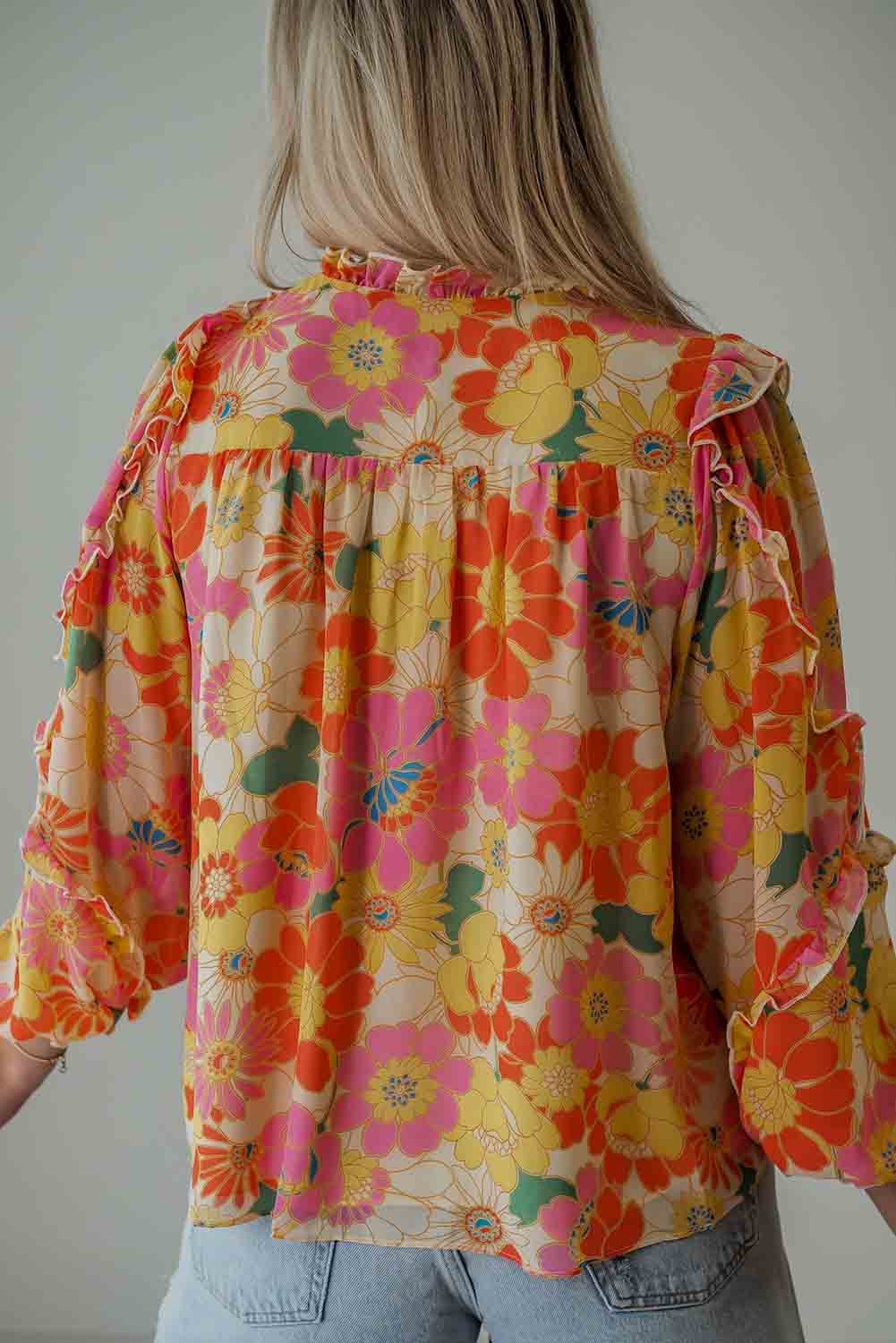 Orange Frilled Long Puff Sleeve Sweet Floral Blouse Tops & Tees JT's Designer Fashion