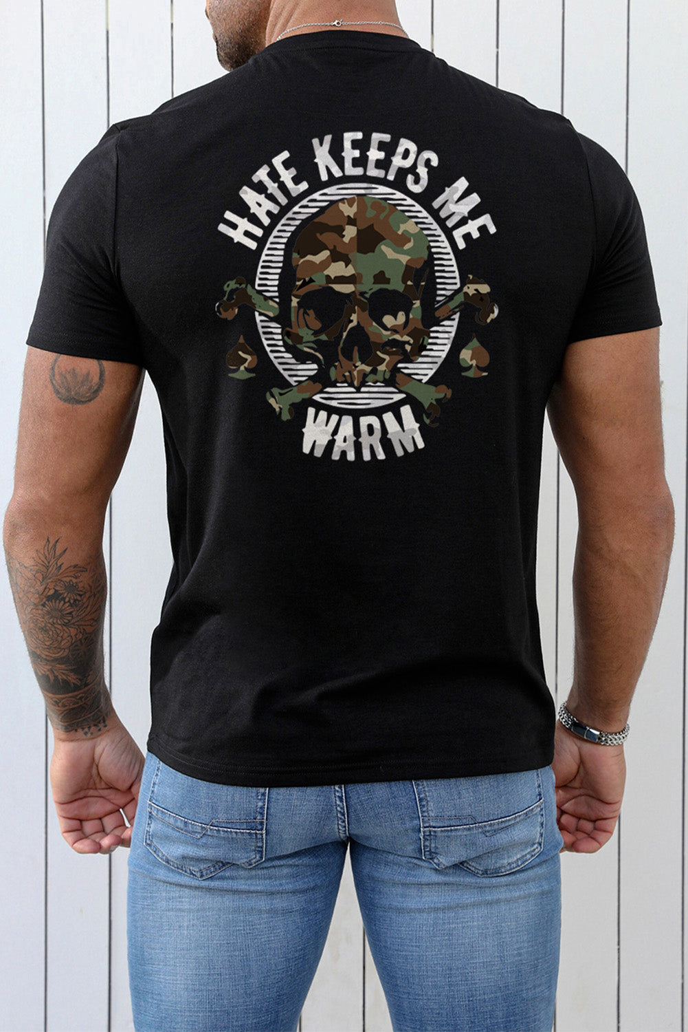 Black Camo Skull Letter Printed Muscle Fit Men's T Shirt Black 62%Polyester+32%Cotton+6%Elastane Men's Tops JT's Designer Fashion