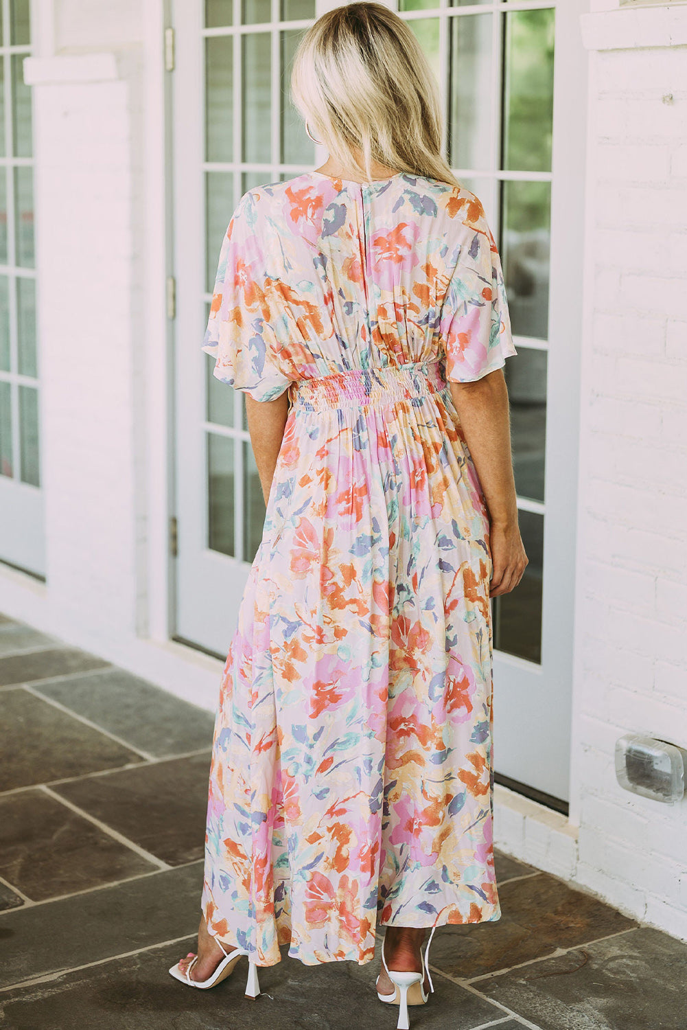 Multicolor Tropical Floral Print Ruched V Neck Maxi Dress Floral Dresses JT's Designer Fashion