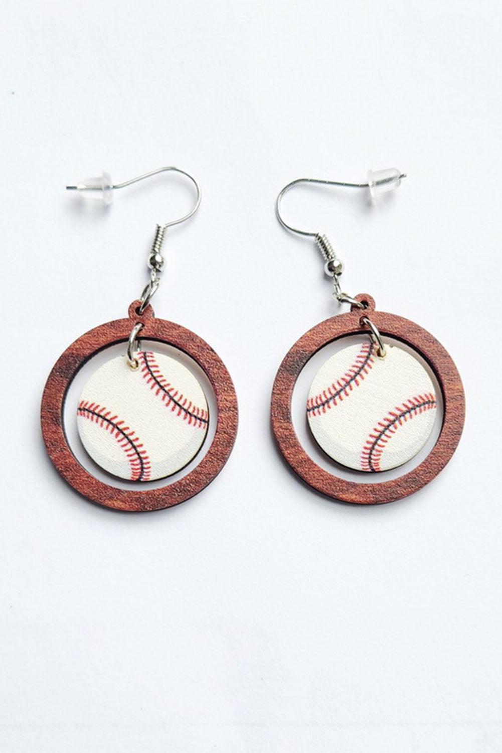 White Baseball Pattern Wood Round Drop Earrings Jewelry JT's Designer Fashion