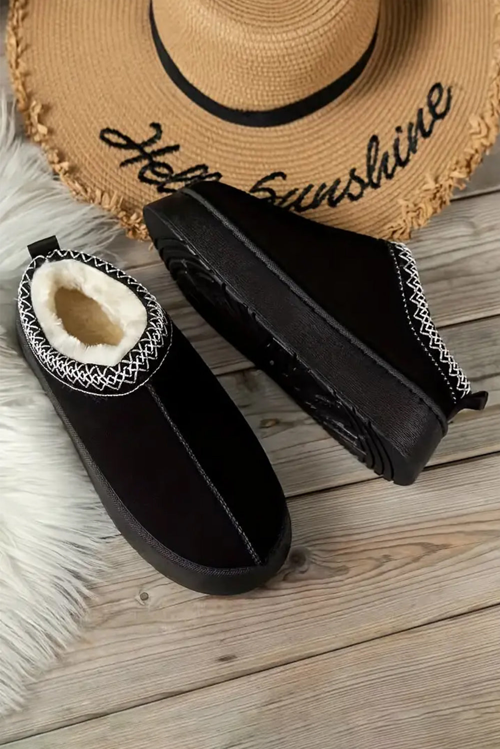 Black Suede Contrast Print Round Toe Plush Lined Flats Women's Shoes JT's Designer Fashion