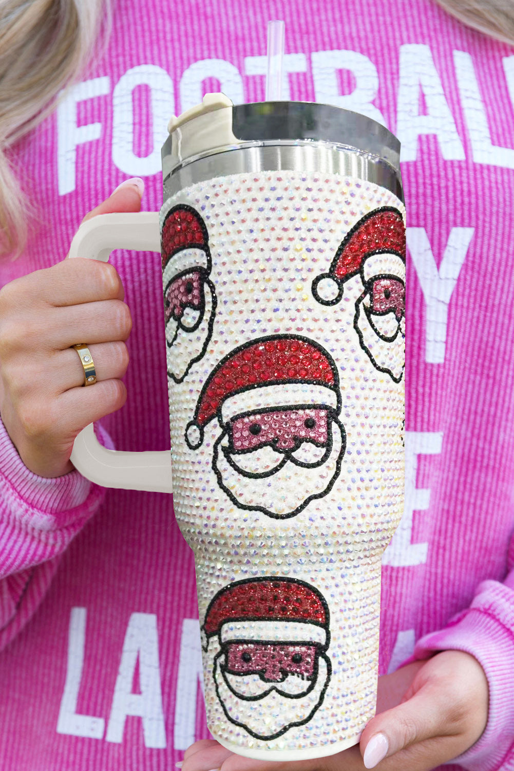 White Christmas Santa Claus Diamond Thermos Cup with Straw Tumblers JT's Designer Fashion