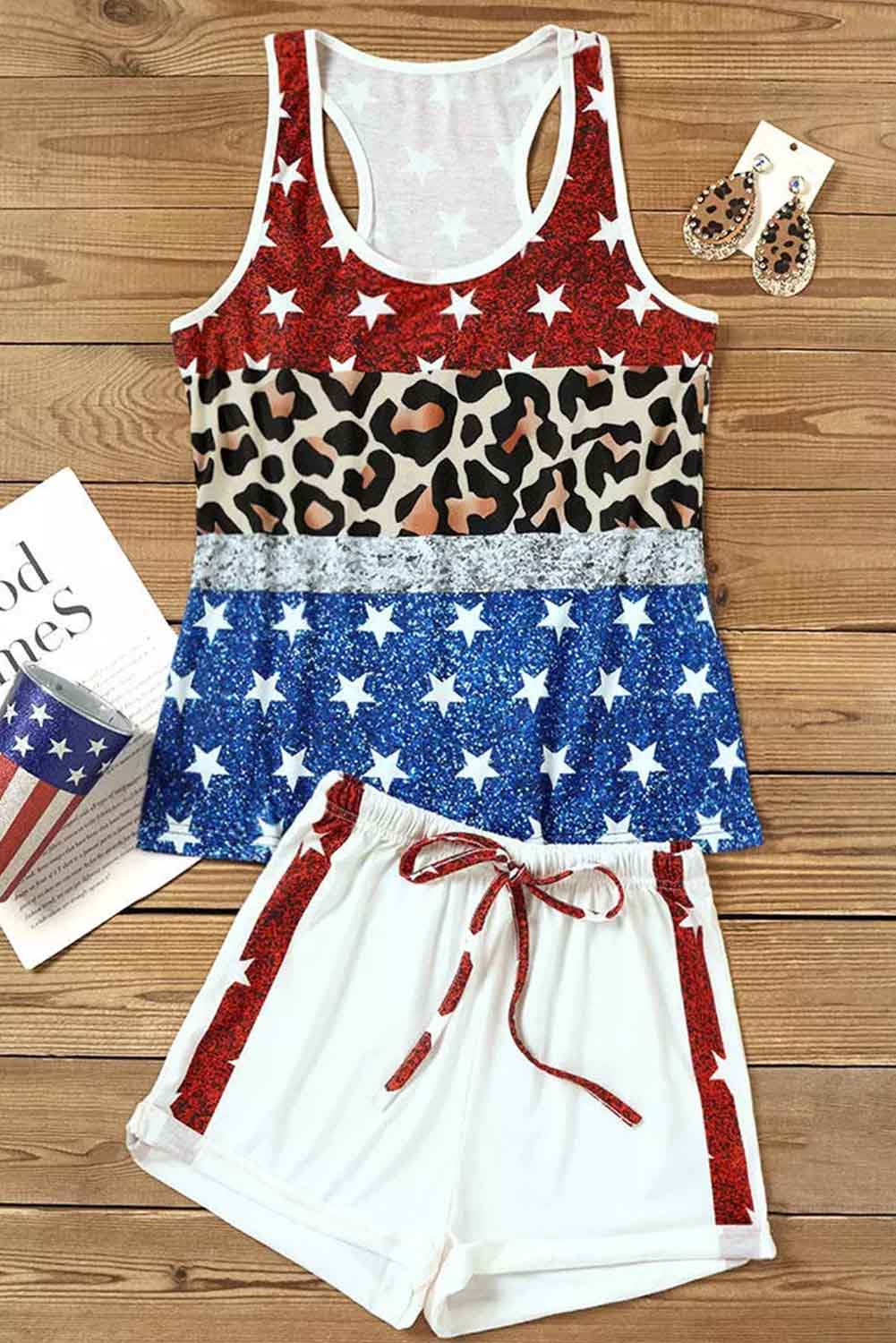 Multicolor American Flag Leopard Glitter Racerback Tank and Shorts Lounge Set Bottoms JT's Designer Fashion