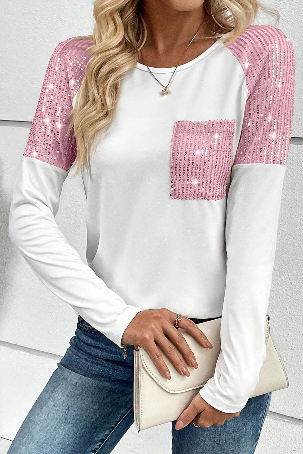 Pink Sequin Patch Chest Pocket Raglan Sleeve Top Tops & Tees JT's Designer Fashion