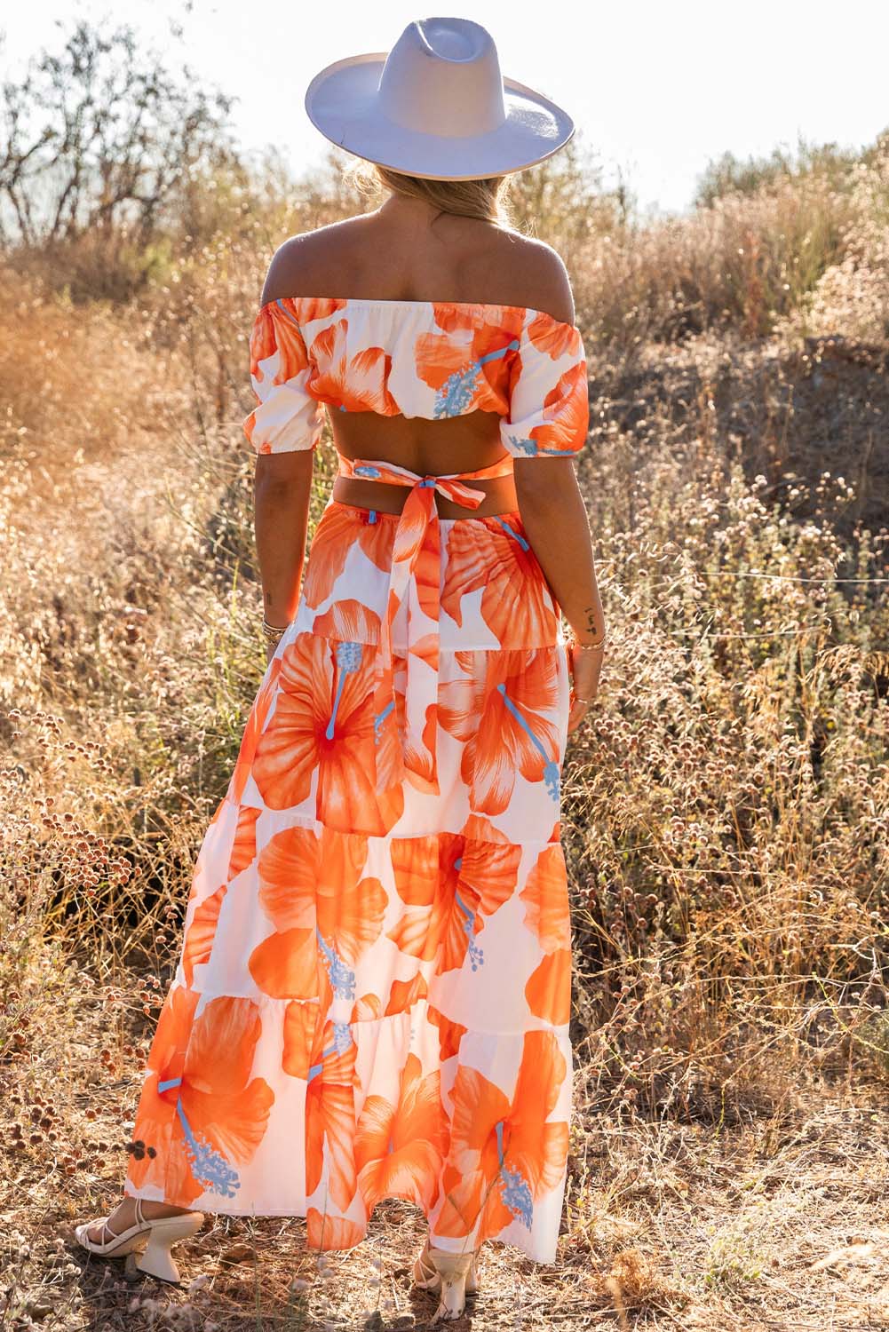 Orange Floral Print Off Shoulder Backless Maxi Dress Floral Dresses JT's Designer Fashion