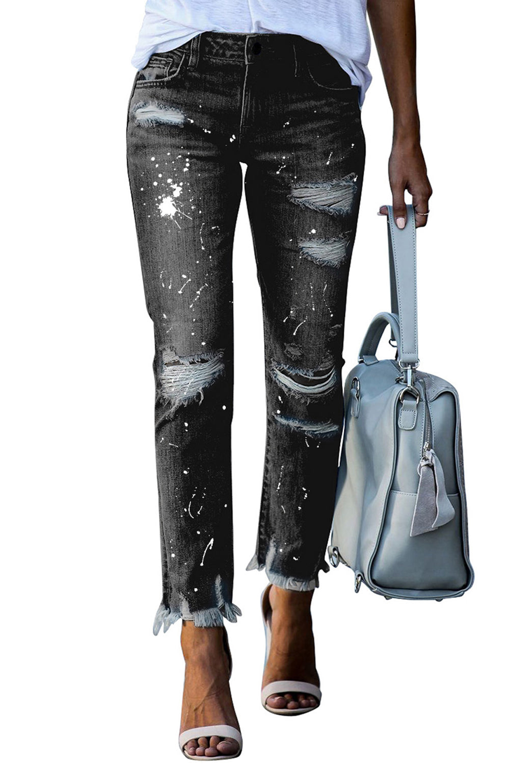 Black Ink Splash Distressed Skinny Jeans Jeans JT's Designer Fashion