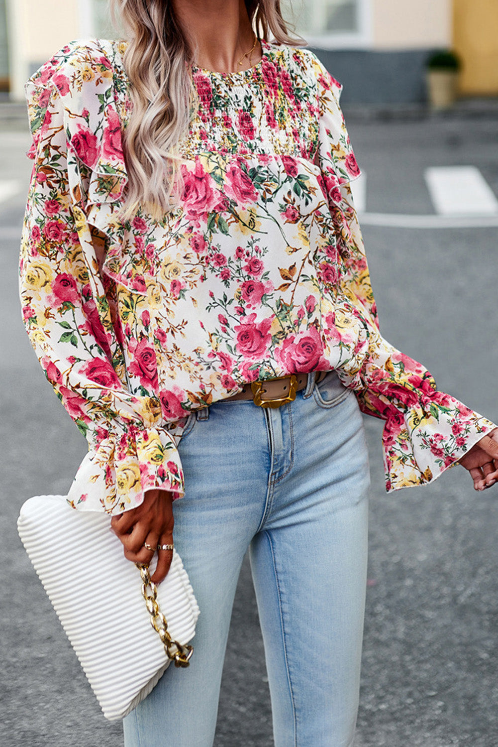 White Floral Printed Ruffle Trim Long Sleeve Blouse Tops & Tees JT's Designer Fashion