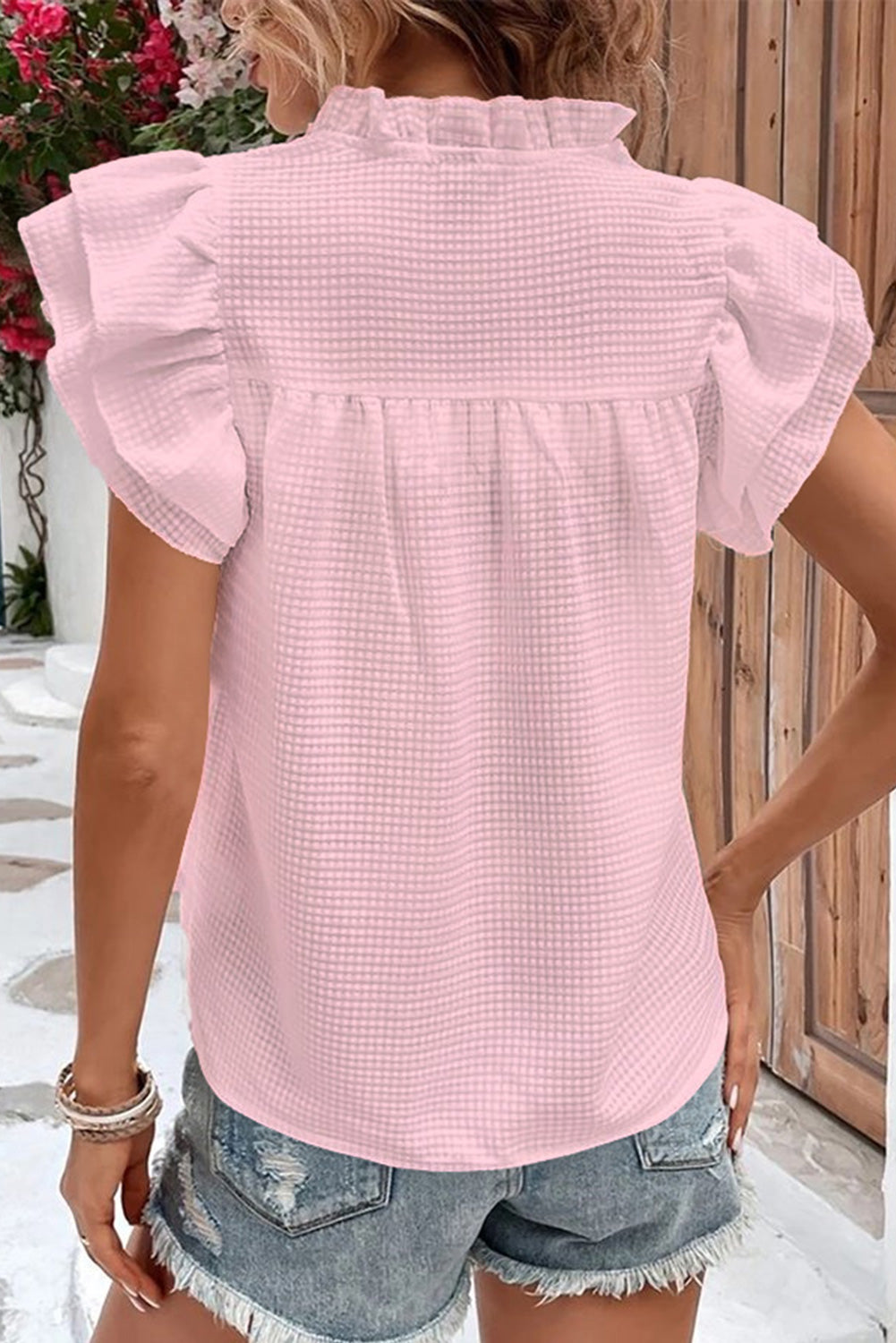 Pink White Ruffle Accent Flutter Sleeve Notch Neck Top Tops & Tees JT's Designer Fashion