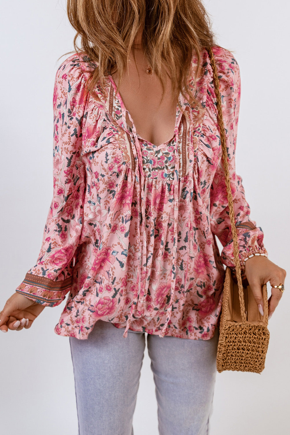 Pink Floral Print Drawstring Lace-up Babydoll Blouse Blouses & Shirts JT's Designer Fashion