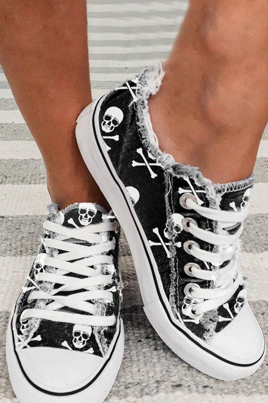 Black Skull Print Lace-up Canvas Sneakers Women's Shoes JT's Designer Fashion