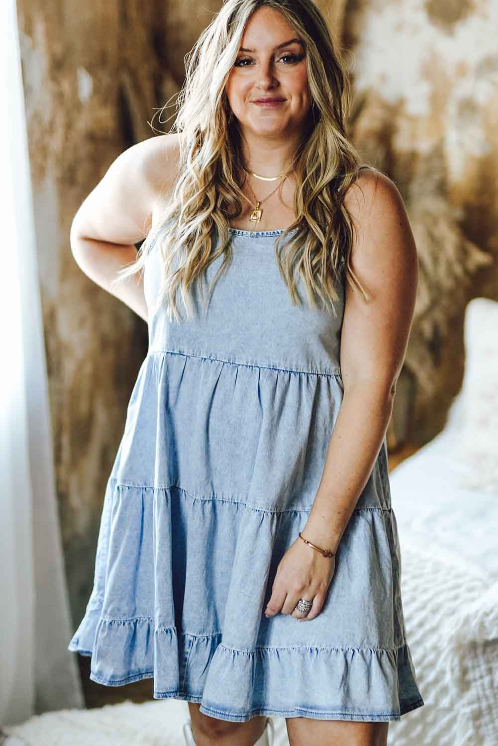 Sky Blue Plus Size Tiered Spaghetti Strap Denim Mini Dress Plus Size JT's Designer Fashion