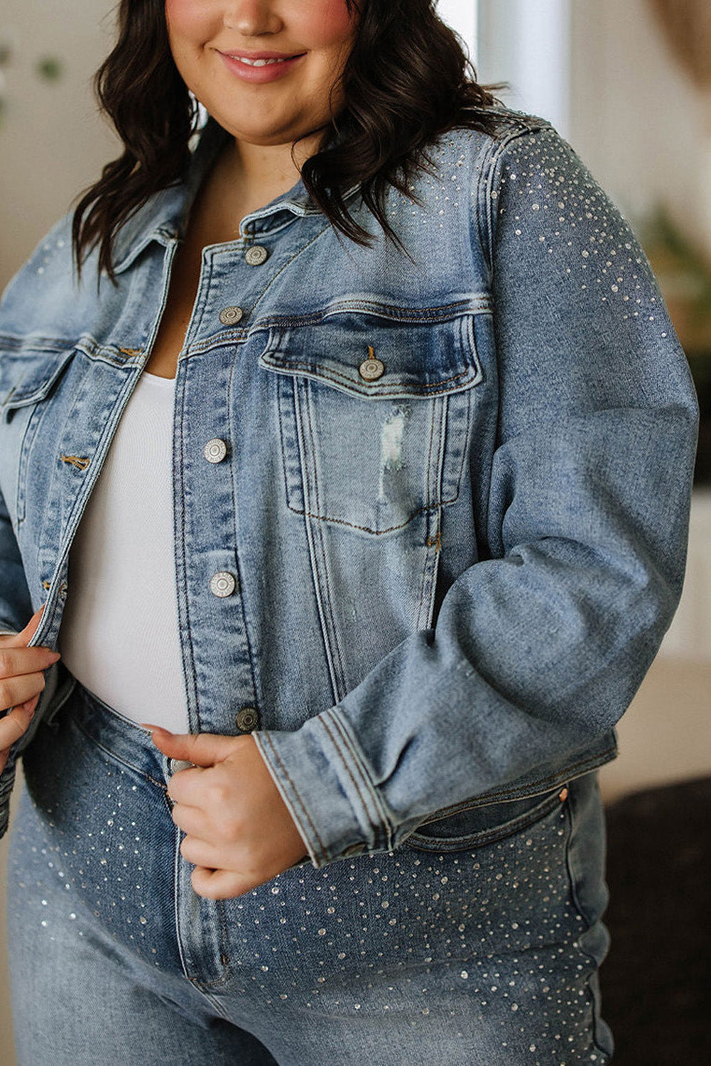 Sky Blue Plus Size Rhinestone Denim Jacket Denim jackets JT's Designer Fashion