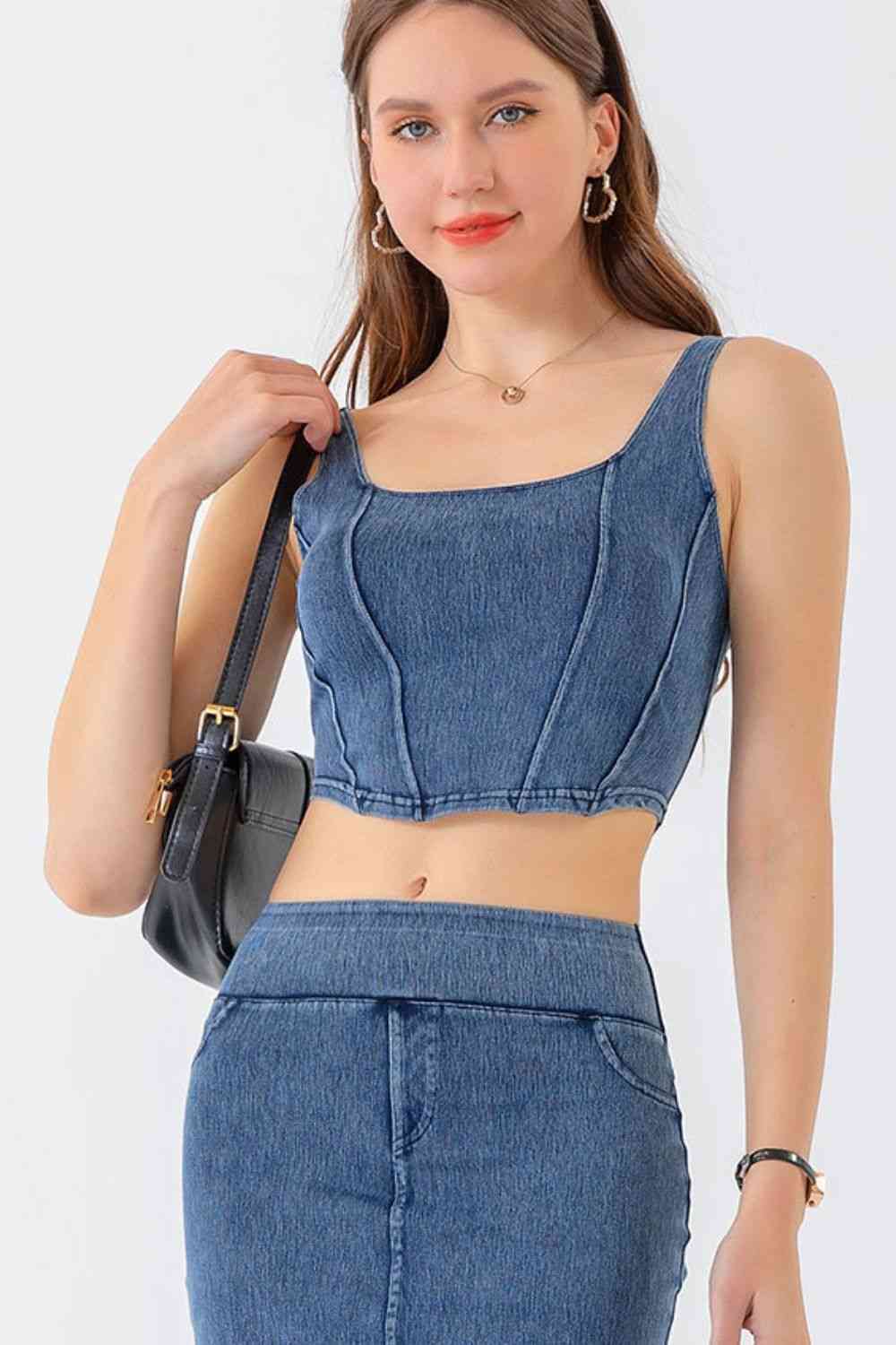 Seam Detail Cropped Denim Tank Medium Crop Tops JT's Designer Fashion