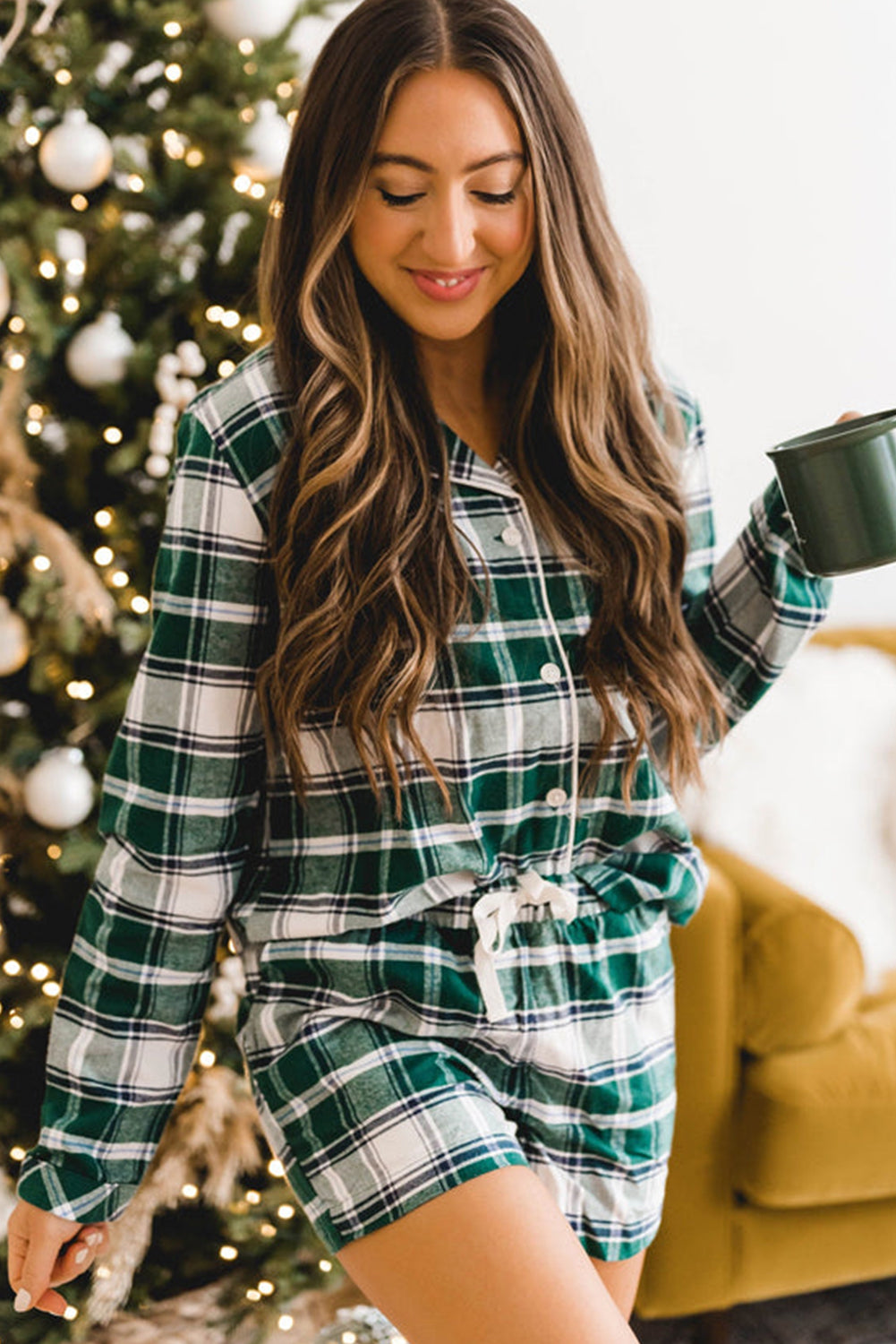 Blackish Green Plaid Long Sleeve Shirt Drawstring Shorts Pajamas Loungewear JT's Designer Fashion