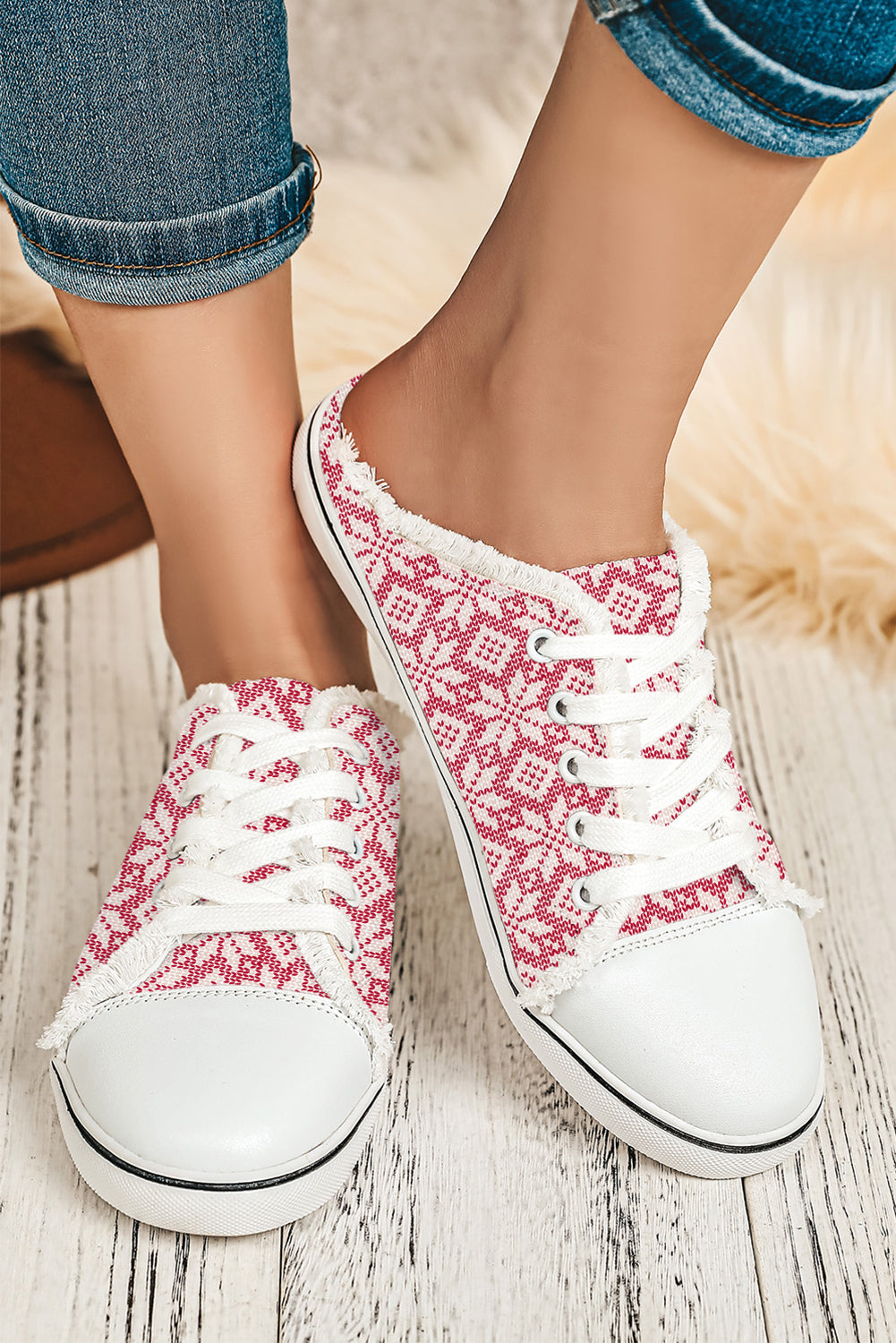 Strawberry Pink Snowflake Printed Frayed Lace-up Slip-on Shoes Women's Shoes JT's Designer Fashion